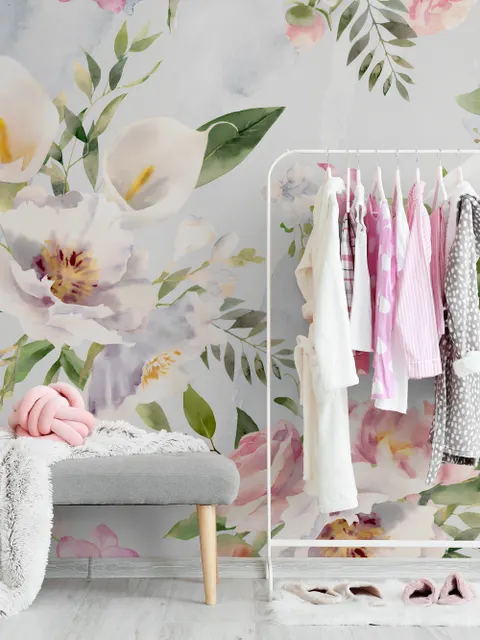 Papier peint panoramique aquarelle blanc rose Bouquet floral