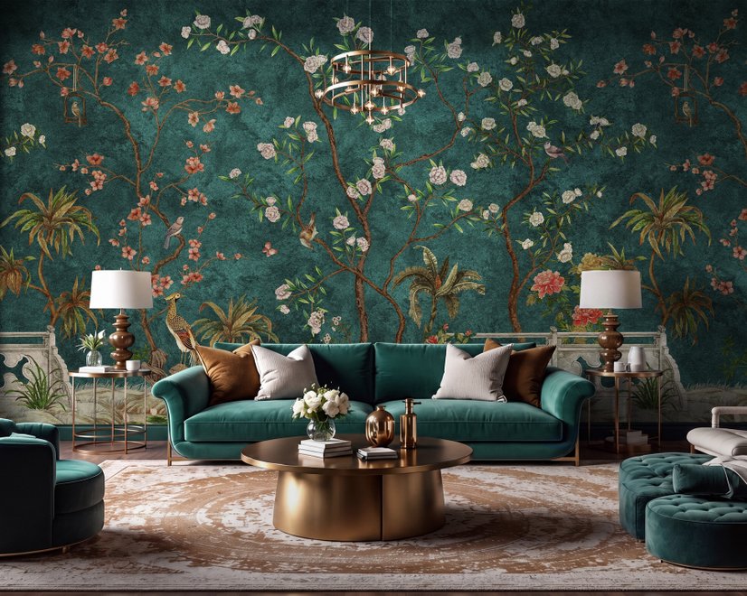 Floral wallpaper with birds in a teal chinoiserie garden with blossoms, pheasant, palms and stone railings