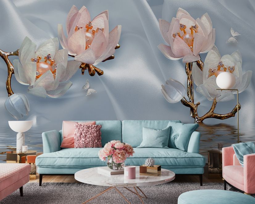 Papier peint panoramique fleur de lotus perlé et petit papillon