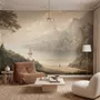 Landscape wallpaper mural with sepia coastal mountains, sailboat, beach figure and foreground tree