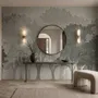 Light gray wallpaper mural with layered ink-wash woodland trees, falling leaves and birds