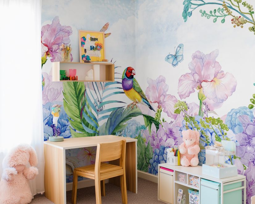 Hydrangea and Peony with Parrot Wallpaper Mural