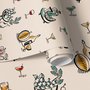 Bar area wallpaper with hand drawn cocktails, liquor bottles, citrus and fruit bowls on warm cream