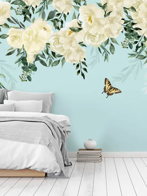 Papier peint panoramique fleurs blanches et papillons jaunes