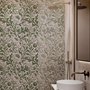 Sage green botanical floral wallpaper with white poppy flowers, lobed leaves and dotted seed centres
