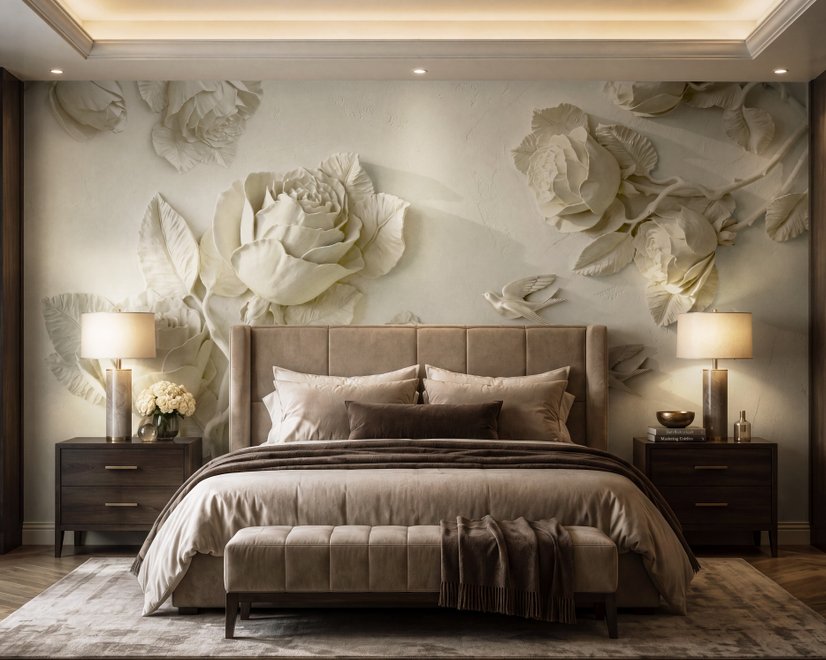 3D Embossed Look Rose Sculpture Wallpaper Mural