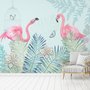 Papier peint panoramique flamant rose vintage avec feuilles tropicales