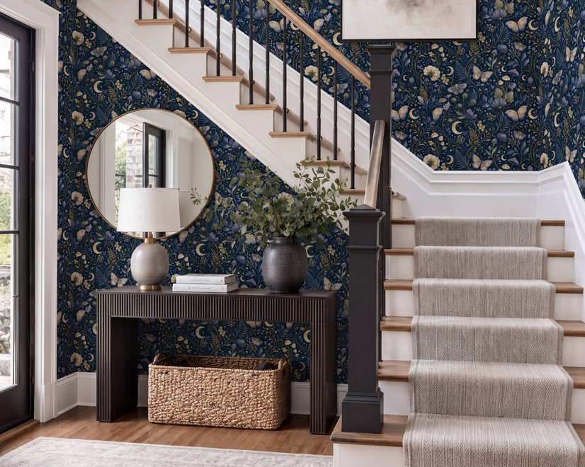 Midnight navy moody botanical wallpaper with lavender butterflies, ivory moons, gold stars, flowers and mushrooms