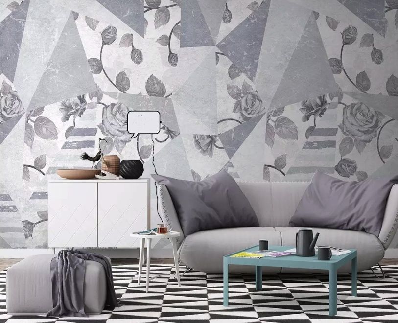 Rose Floral with Geometric Pattern Wallpaper Mural