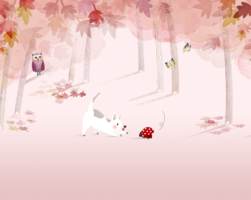 Pink Forest with Cats and Owl Wallpaper Mural