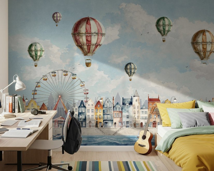 Kids Harbor Village and Hot Air Balloons Wallpaper Mural