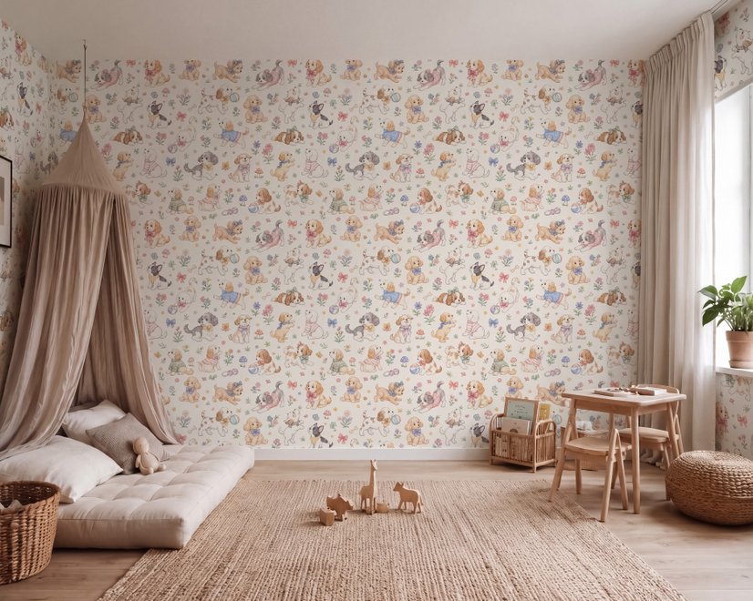 Niedliche Kinder Aquarell Blumen und Welpen Fototapete