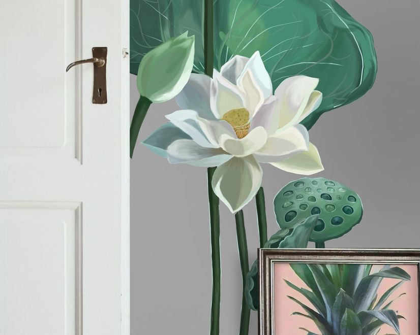 Watercolor White Lotus Floral and Leaves Wall Decal Sticker