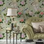 Celadon-sage chinoiserie wallpaper with blue-grey birds, tan branches, pink peonies and white orchids