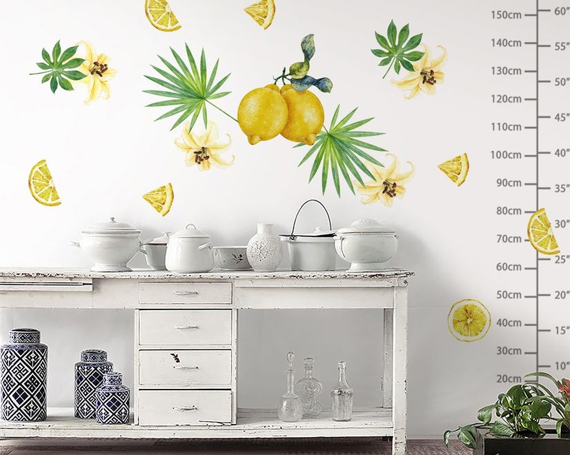 Yellow Lemon with Lily Florals Wall Decal Sticker