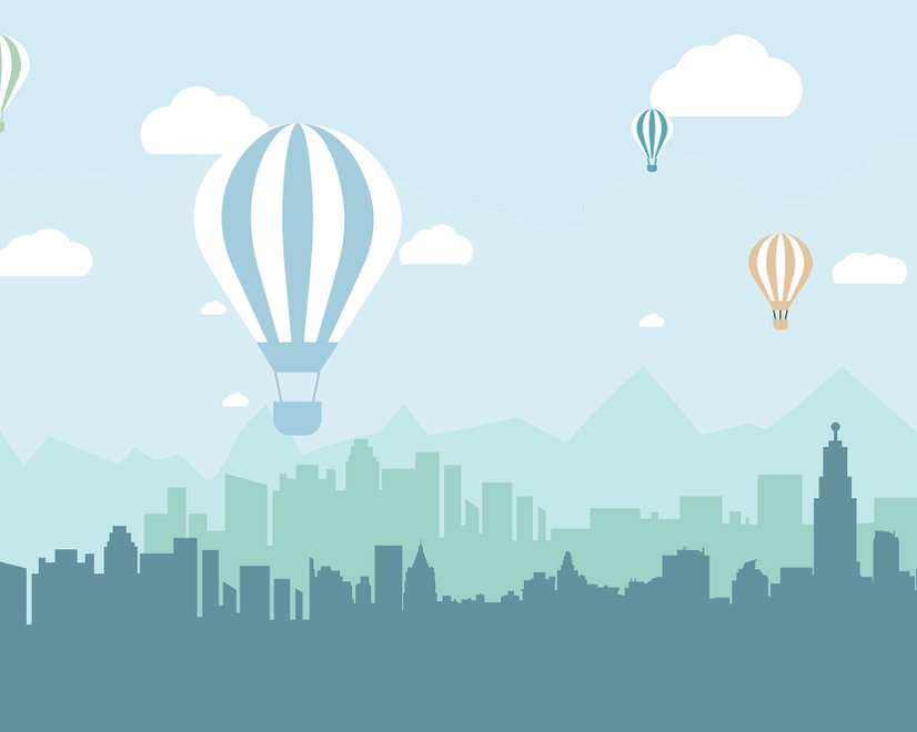 Heißluftballon und Blaue Stadtlandschaft Fototapete