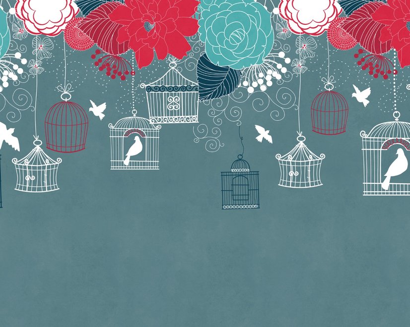 Papier peint panoramique oiseaux en cage et fleurs colorées