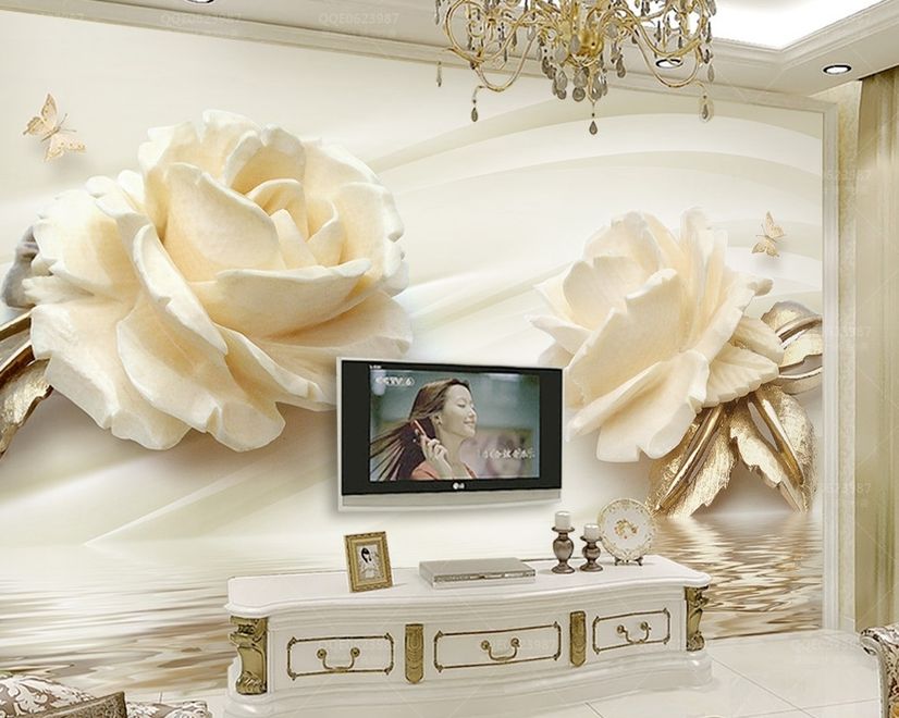Cream Rose Floral with Water Pattern Wallpaper Mural