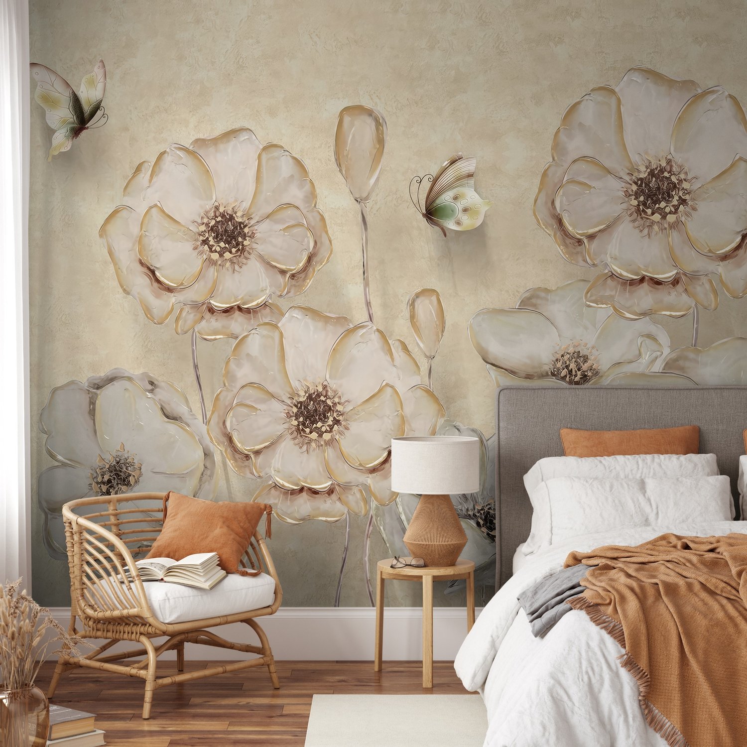Monochrome Poppy Flower Wallpaper Mural - Peel and Stick