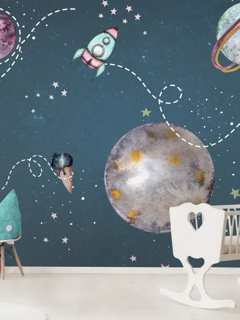 Kids Shining Space with Watercolor Bear Astronaut Wallpaper Mural