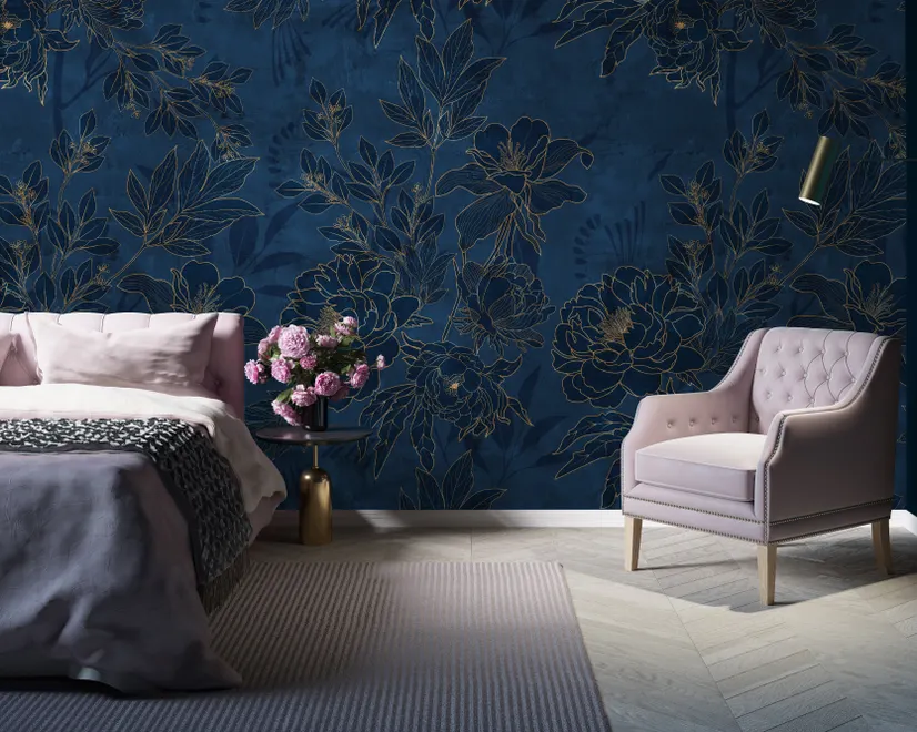 Dark Navy Peony Floral Drawing Art Wallpaper Mural