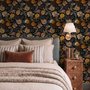 Japanese art wallpaper pattern with koi fish, gold peonies, mauve flowers and grey clouds on black