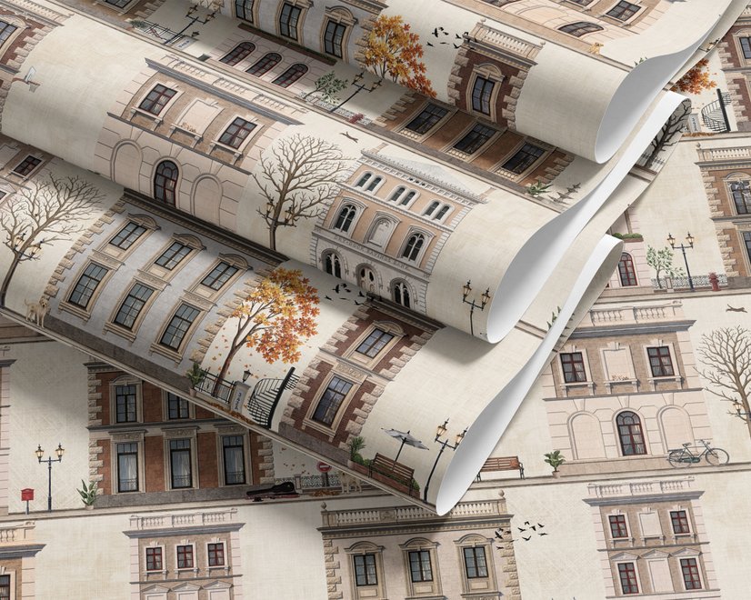 Vintage city wallpaper with illustrated European townhouses, lamps, bicycles, benches and orange-gold trees