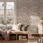 Greige botanical wallpaper with white watercolour flowers, buds, seed heads and acanthus leaves