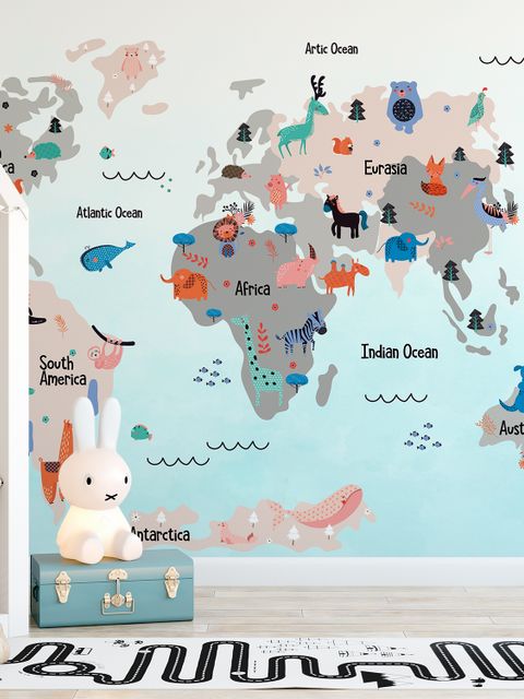 Papier peint panoramique carte du monde enfants avec animaux mignons