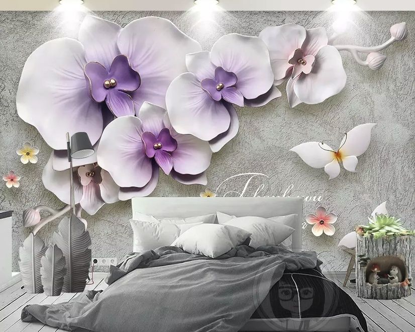 3D Embossed Look Purple Orchids Wallpaper Mural