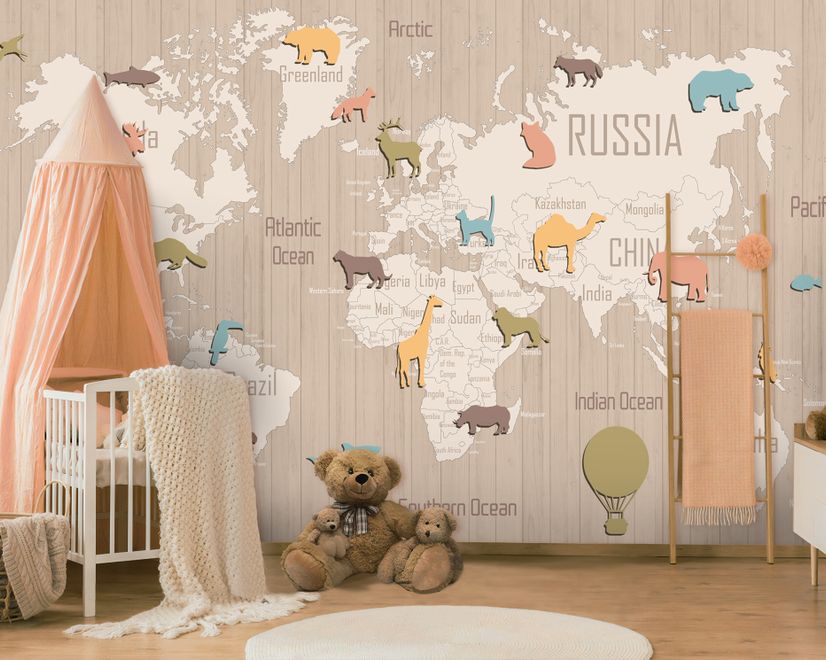 Kids Wooden Style World Map with Colorful Animal Silhouette Wallpaper Mural