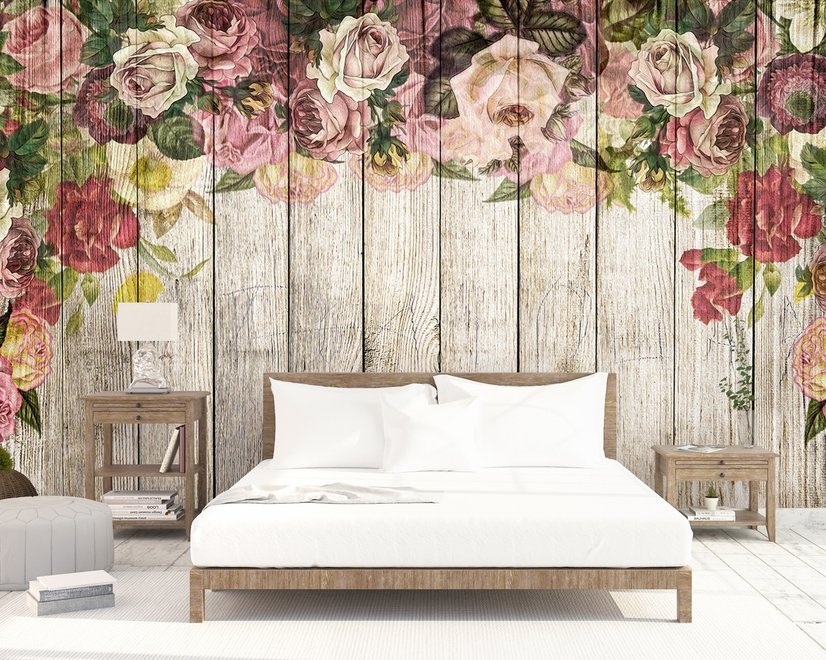 Vintage Floral with Wood Wall Wallpaper Mural