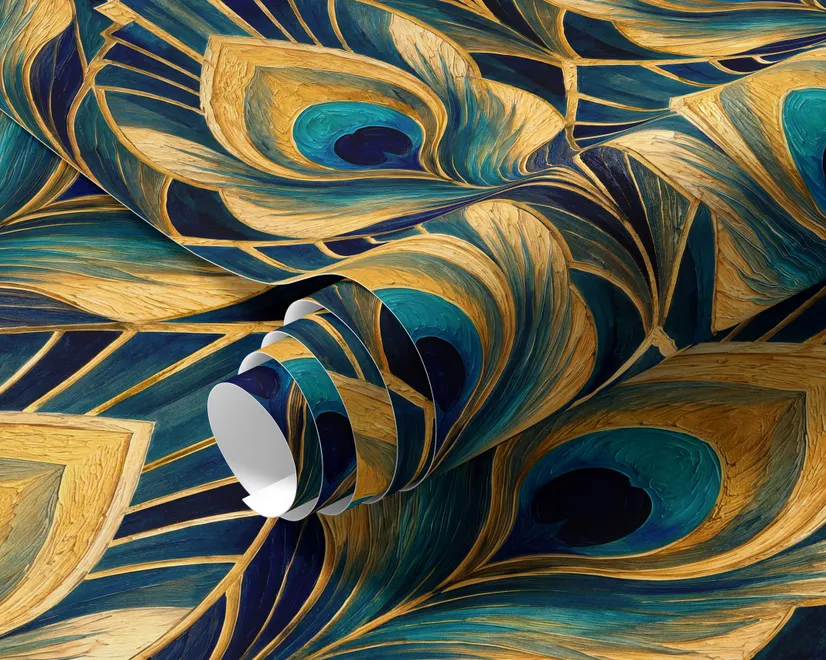 Art Deco feathers wallpaper with turquoise peacock eyes, gold plumes and navy teal ground