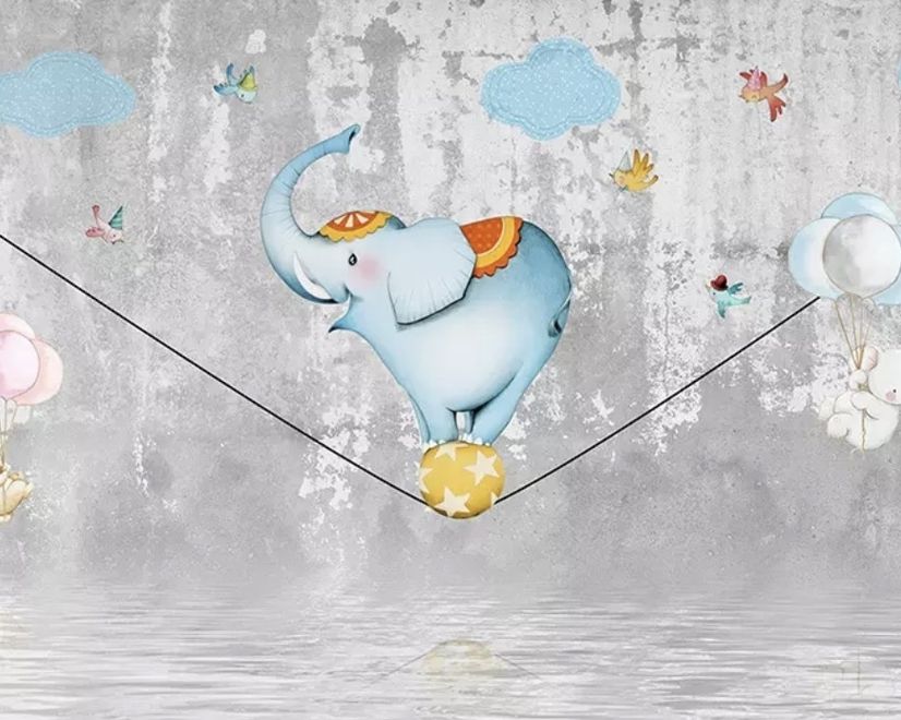 Slackline with Cartoon Elephant on the Ball Wallpaper Mural