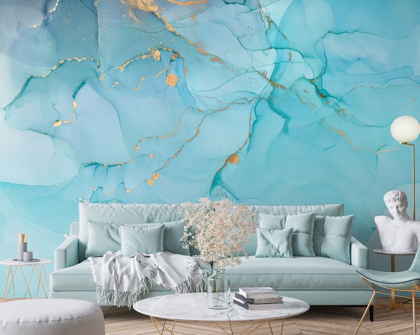 Light Blue Marble with Gold Look Splash Wallpaper Mural