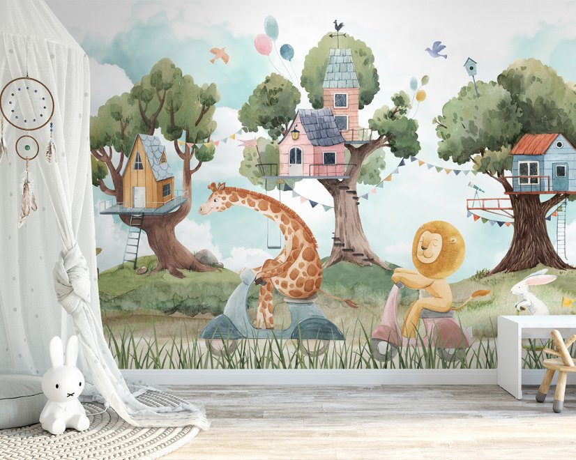 Papier peint animaux forêt cabane arbre enfants