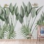 Papier peint panoramique vintage avec feuilles de palmier et oiseaux colorés
