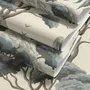 Vintage Japanese tree nature wallpaper with blue-grey canopies, willow foliage, birds and ivory-cream ground