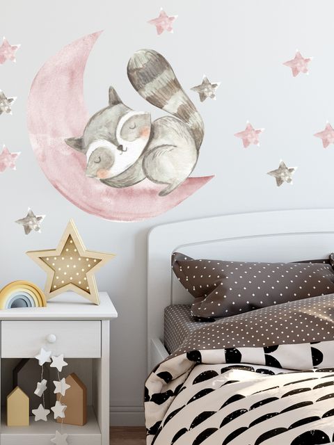 Nursery Cute Raccun and Watercolor Pink Gray Stars Wall Decal Sticker