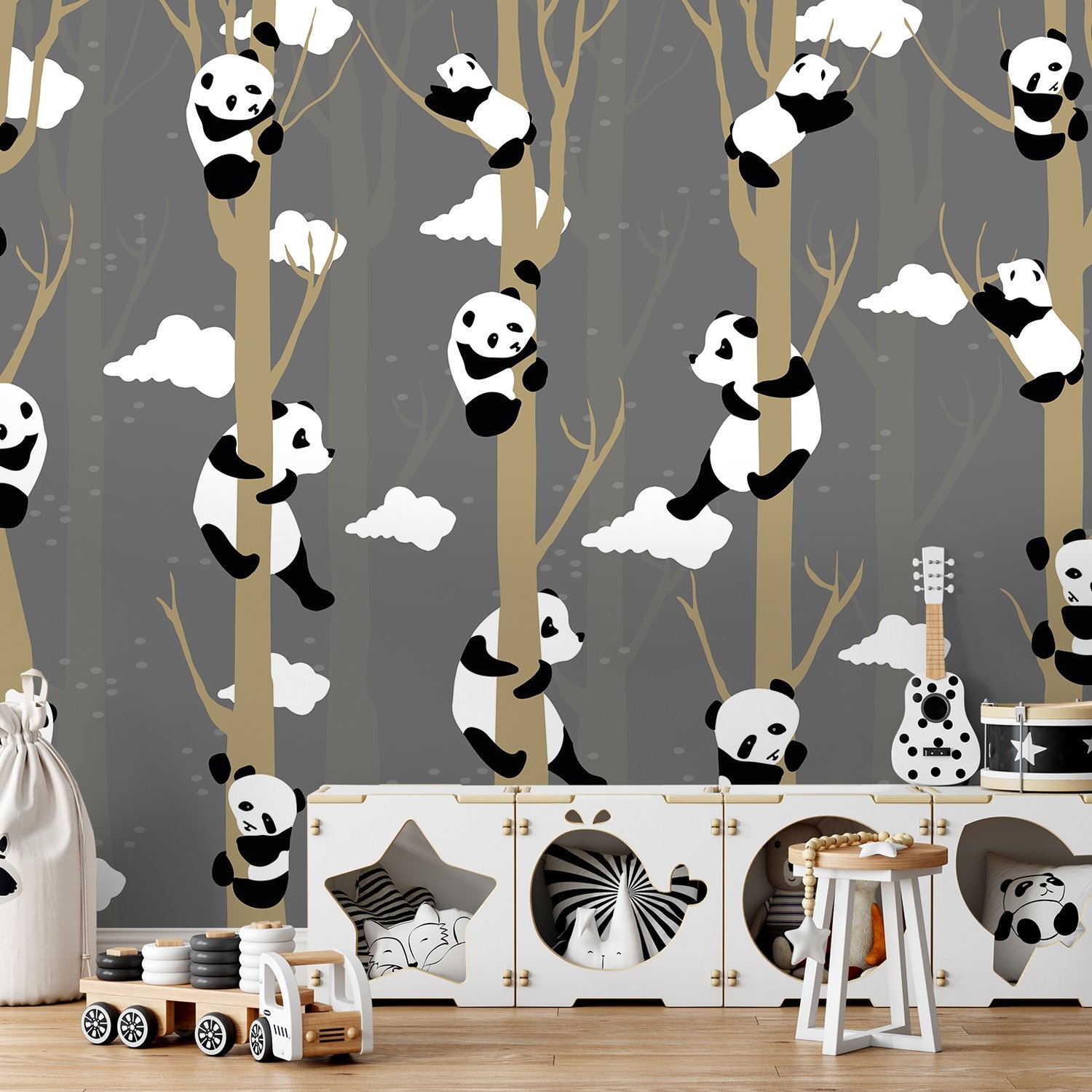 Cartoon Pandas with Tree Branches Wallpaper Mural - Peel and Stick