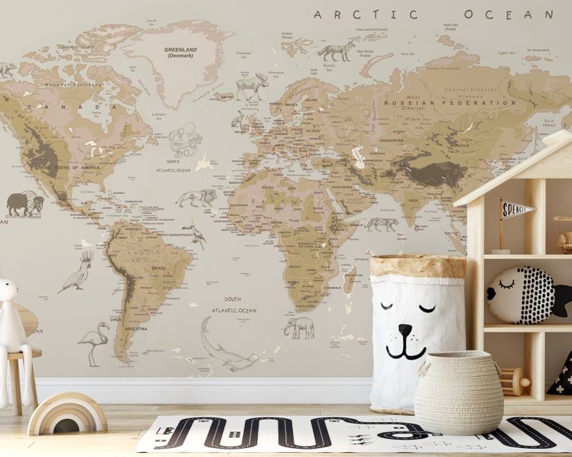 Papier peint carte du monde politique marron avec animaux pour enfants