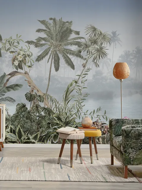 Papier peint forêt vintage et paysage lacustre