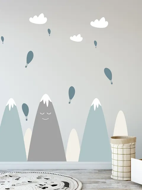 Nursery Soft Blue Gray Mountain Landscape and Little Hot Air Balloons Wall Decal Sticker