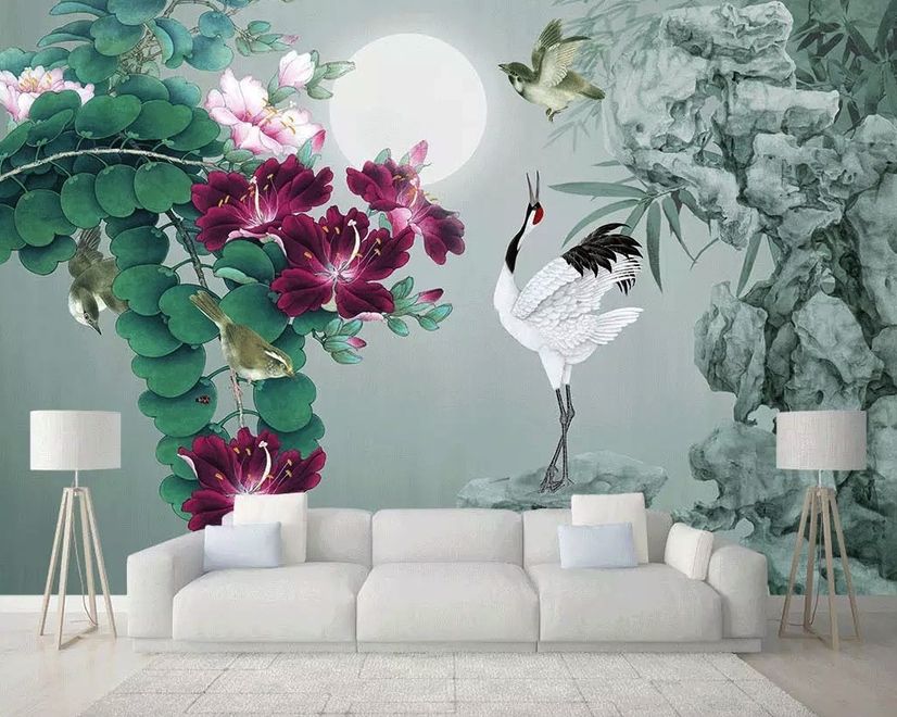 White Stork and Purple Flowers Wallpaper Mural