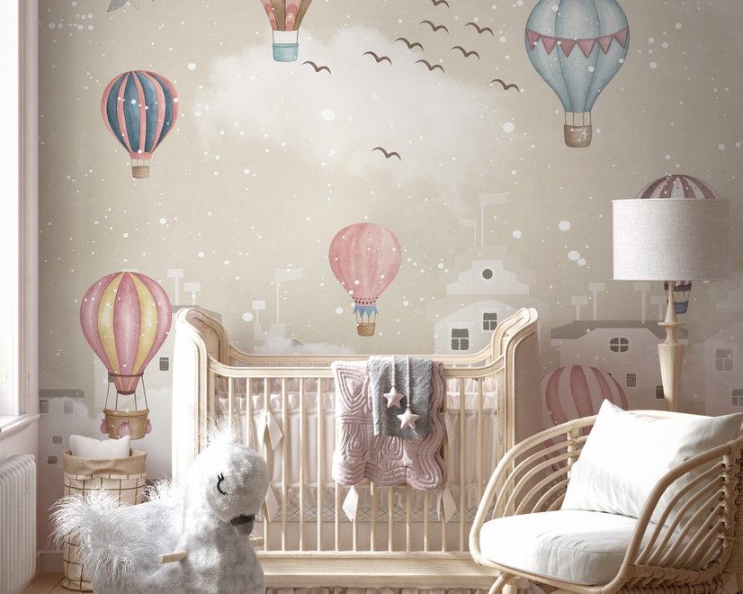 Kinderzimmer Fototapete Cartoon Winter und Kleiner Heißluftballon