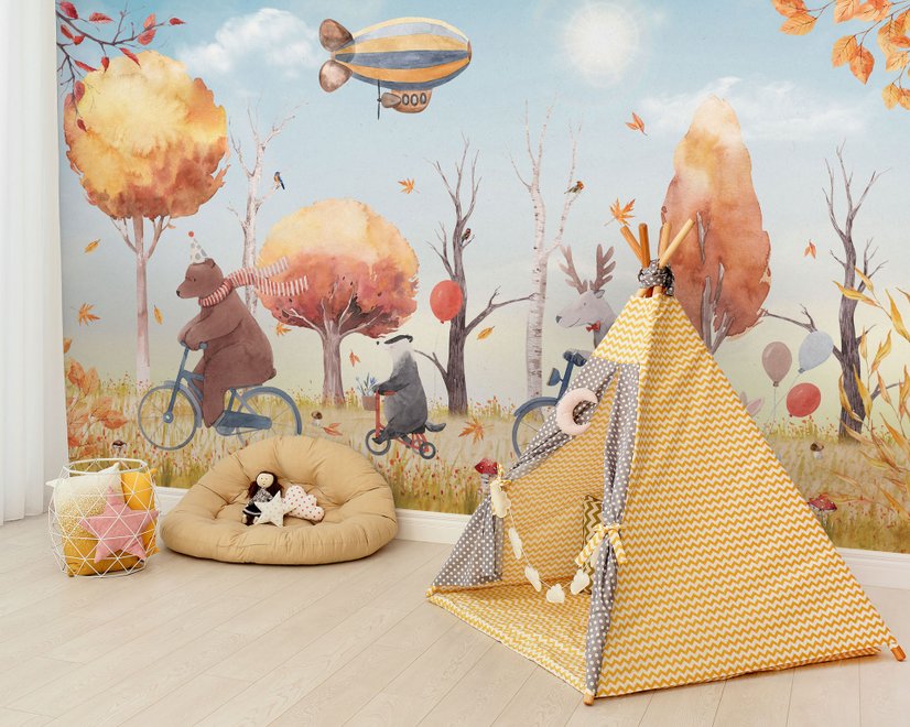 Kinder Wintertiere mit Zeppelin Fototapete