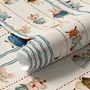 Cartoon wallpaper with rabbits, mice, a crowned fox and lambs in costumes between wavy blue stripes