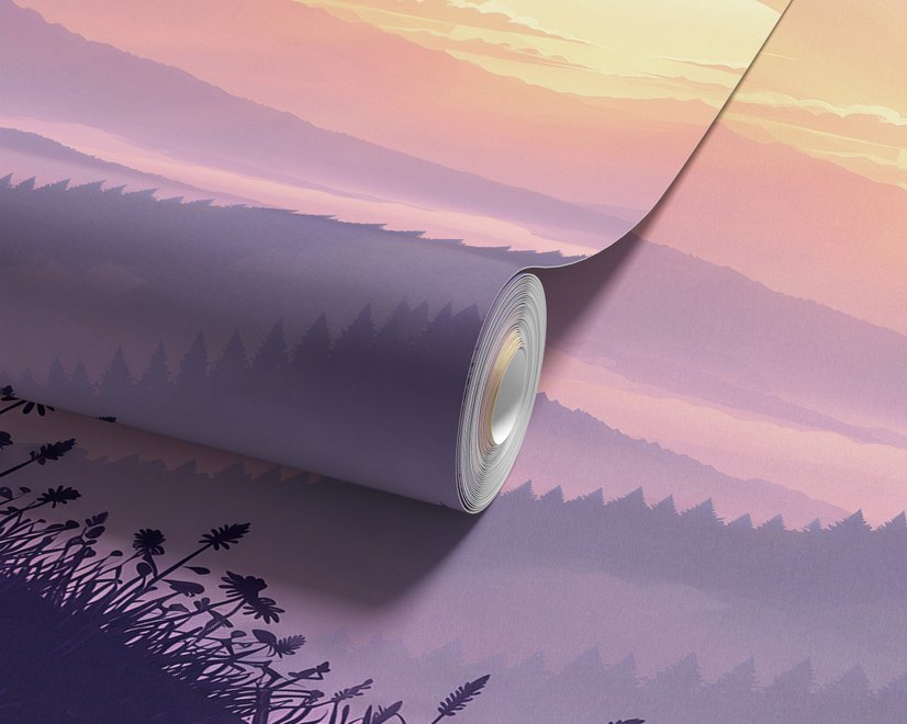 Stag mountain wallpaper with a navy deer silhouette, lavender pine ridges and a pale golden sun