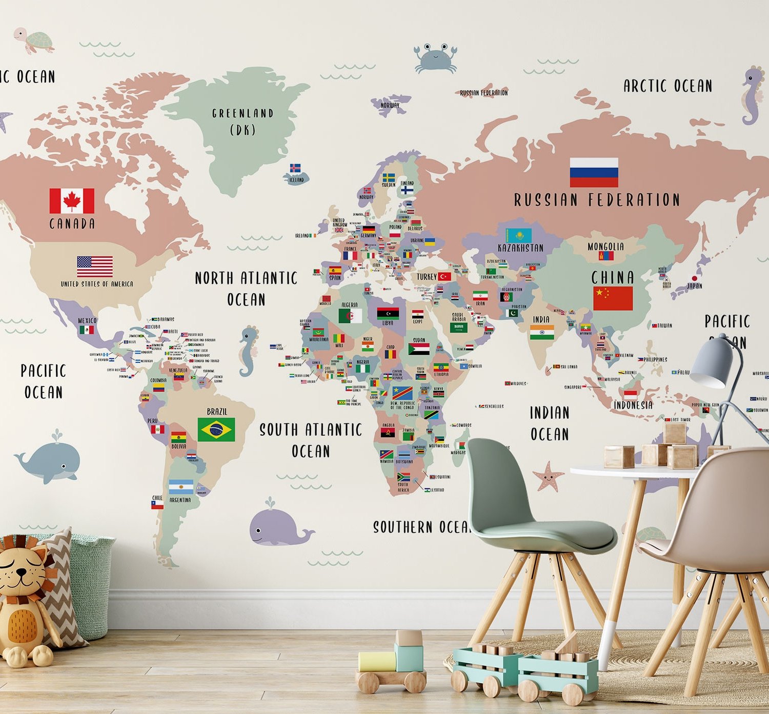 Kids Colorful World Map with Flags Map Wallpaper Mural - Peel and Stick