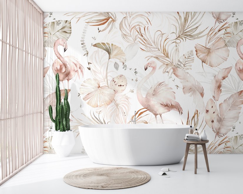 Papier peint art flamant doux avec boho tropical à feuilles